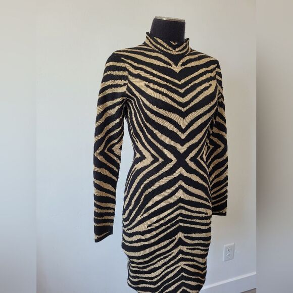 Zebra Print Bodycon Knit Dress Mock Neck Long Sleeve Club Party Mob Wife Small - Picture 2 of 10